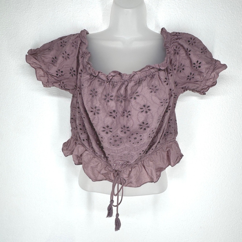 Mauve Eyelet Cotton Crop Top Off Shoulder Boho Blouse Large Milkmaid Tie Peasant